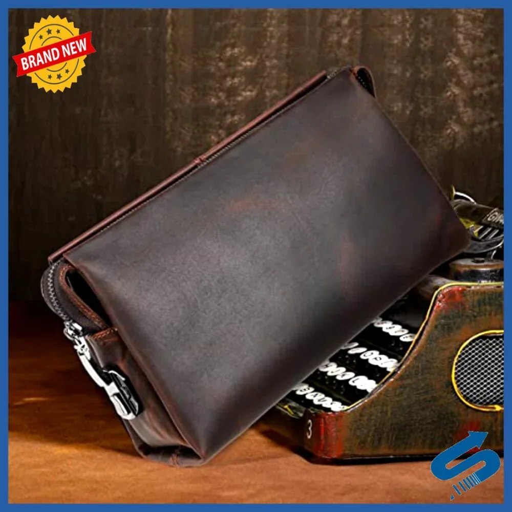 Men's Genuine Leather Clutch Bag with Code Lock, Phone Holder, Travel Business